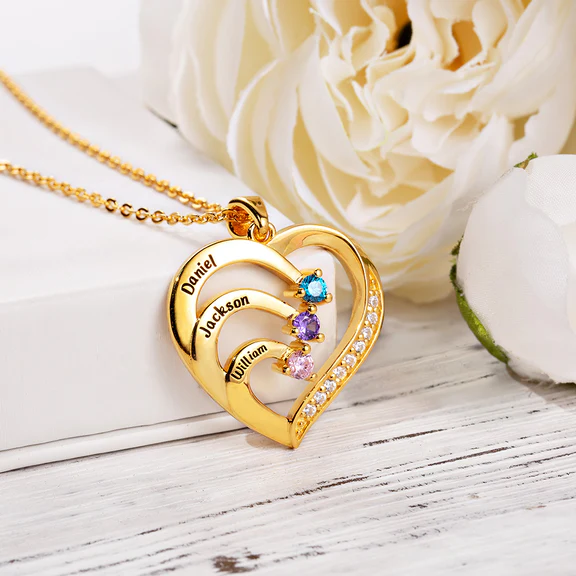 Personalized Name and Birthstone Family Heart Necklace - Image 21